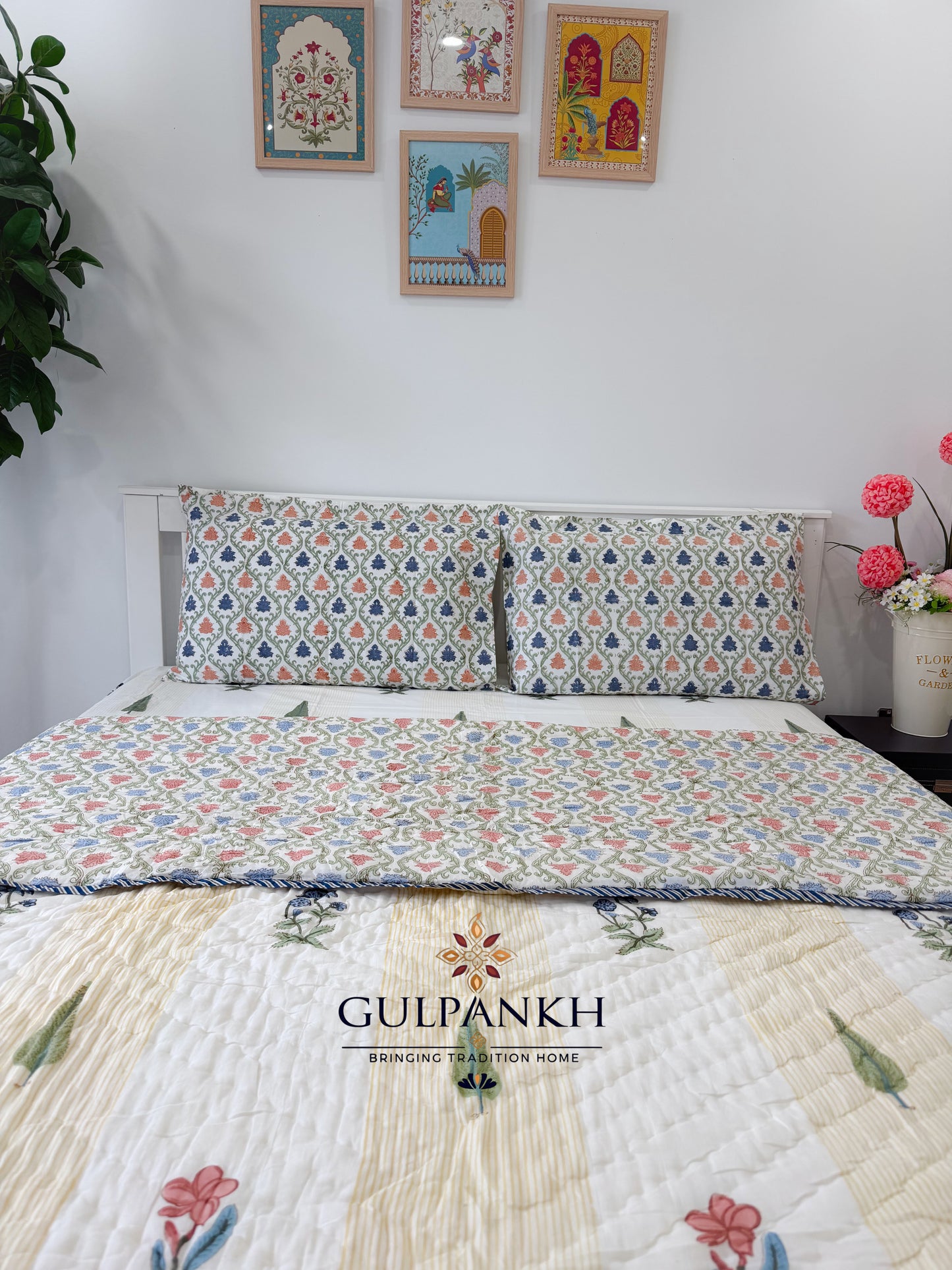 Hand Block Printed Cotton Bedding Set with Quilt - Saanjh Floral | Gulpankh Canada
