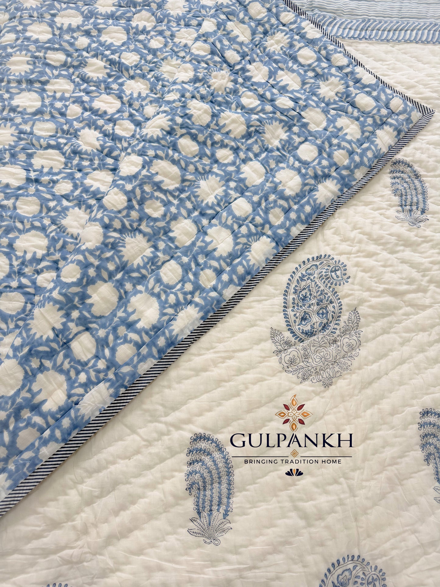 Hand Block Printed Cotton Quilt - Indigo Saaz | Gulpankh Canada