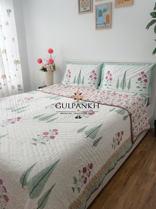 Hand Block Printed Cotton Bedding Set with Quilt - Firdaus Blossom | Gulpankh Canada