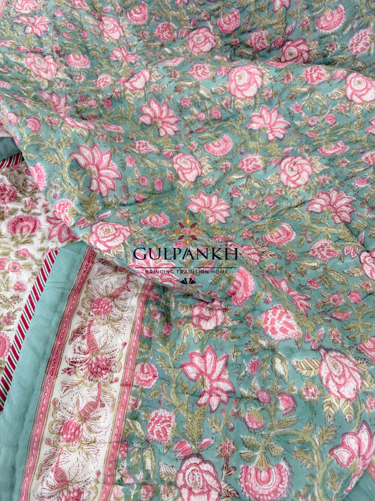 Hand Block Printed Reversible Cotton Quilt - Rose Sage Grove | Gulpankh Canada
