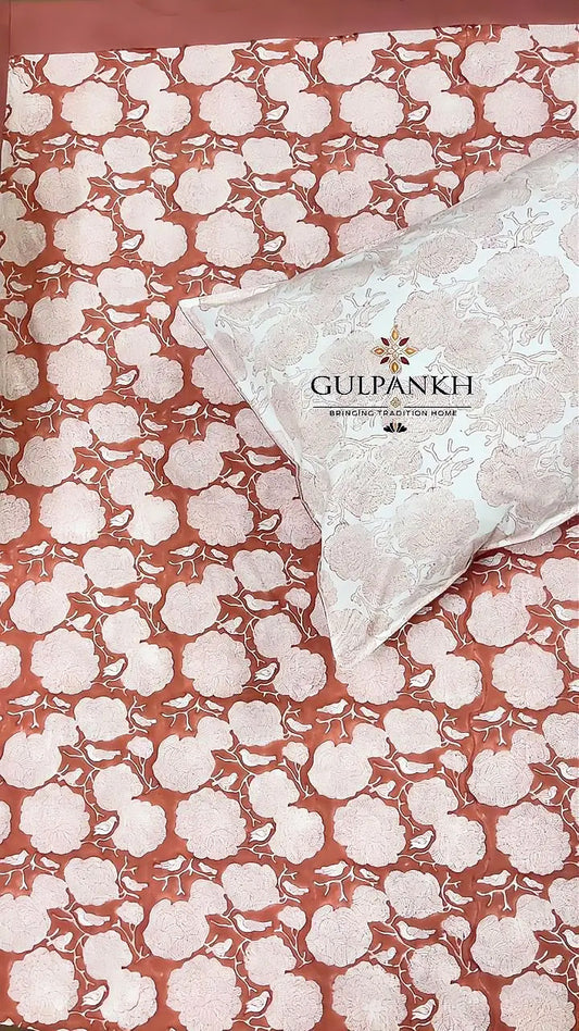 Hand Block Printed Fitted Bedsheet - Terracotta Gulzar | Gulpankh Canada