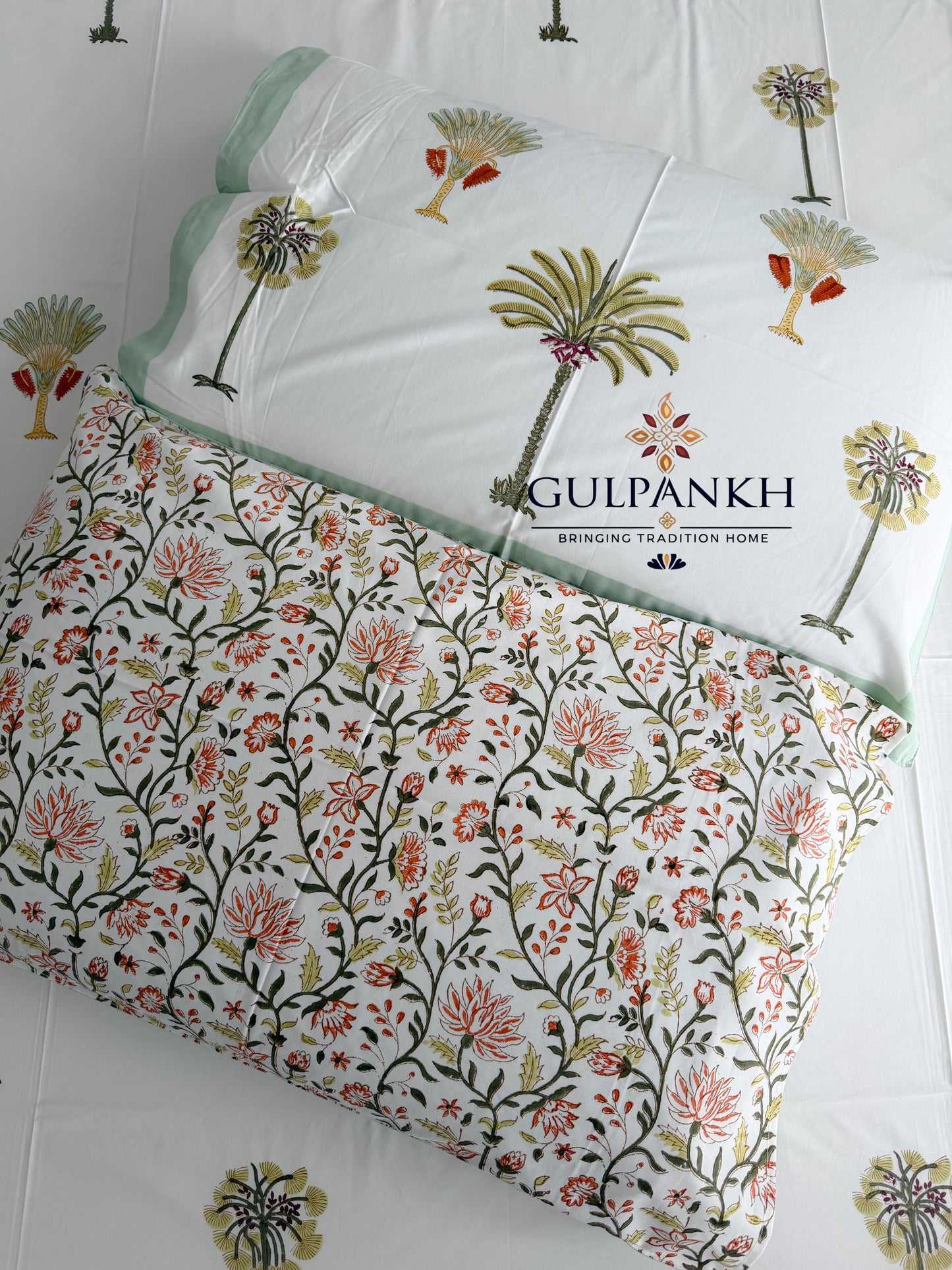 Palm Tree Hand Block Printed Flat Bedsheet | Gulpankh Canada