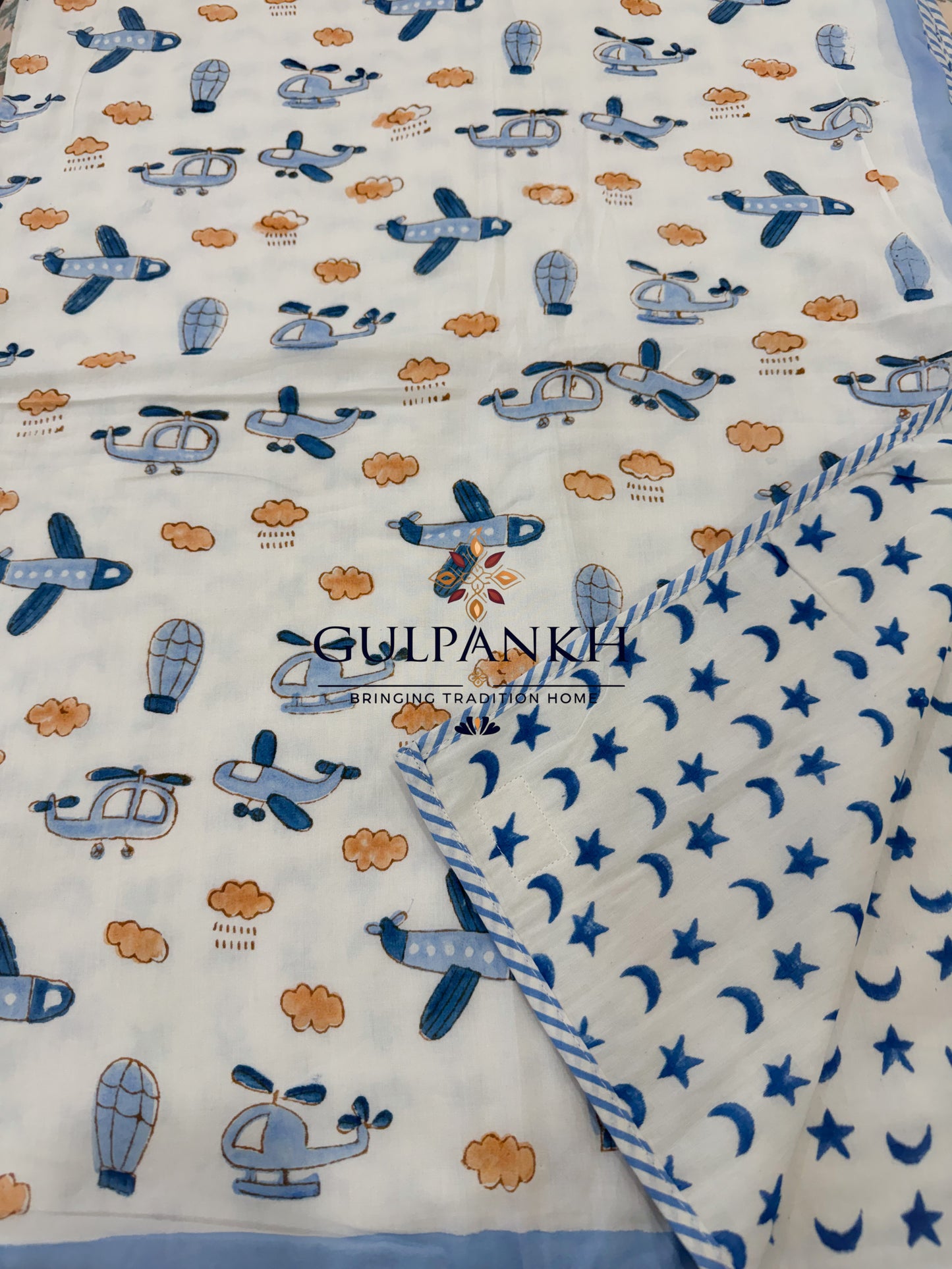 Hand Block Printed Mulmul Cotton Baby Dohar - Little Aviator Dreams | Gulpankh Canada