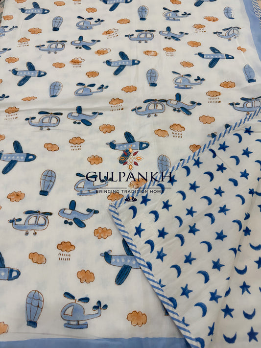 Hand Block Printed Mulmul Cotton Kids Dohar - Little Aviator Dreams | Gulpankh Canada