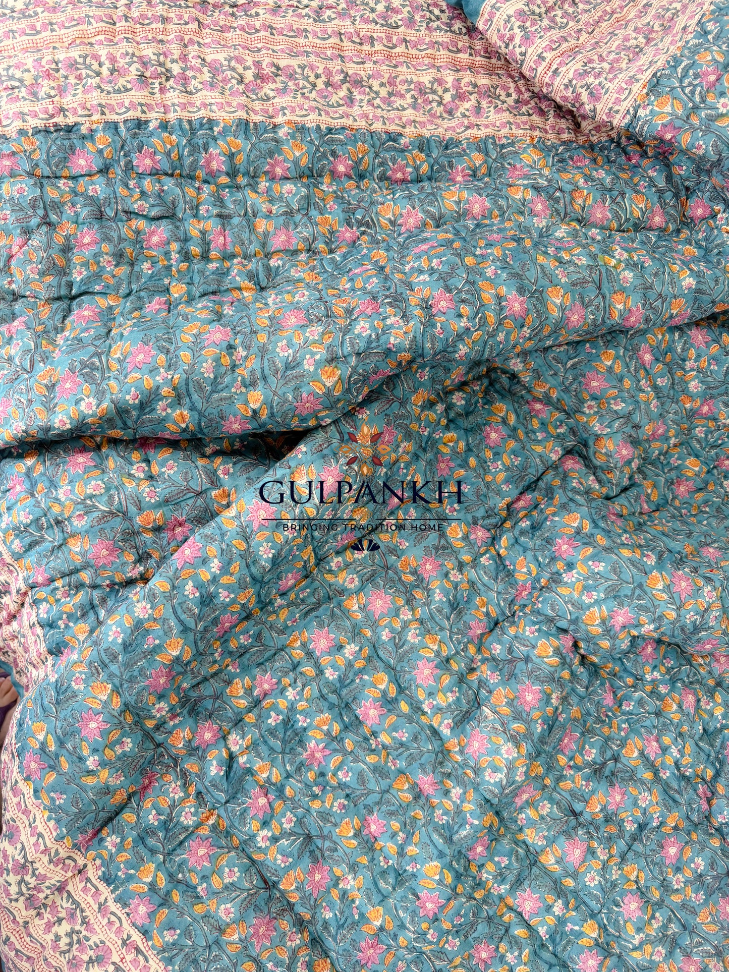 Hand Block Printed Cotton Quilt - Teal Blossom Garden | Gulpankh Canada