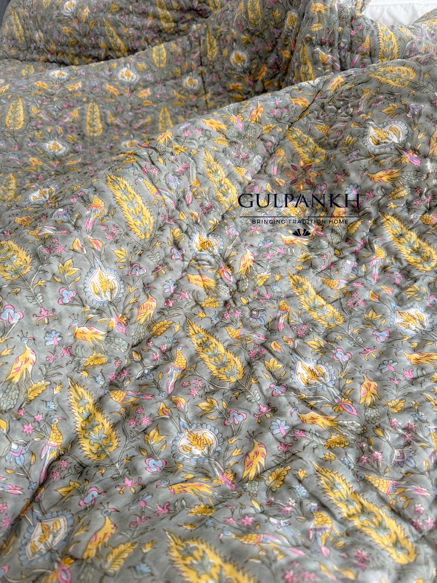 Hand Block Printed Cotton Quilt - Olive Gulzar | Gulpankh Canada