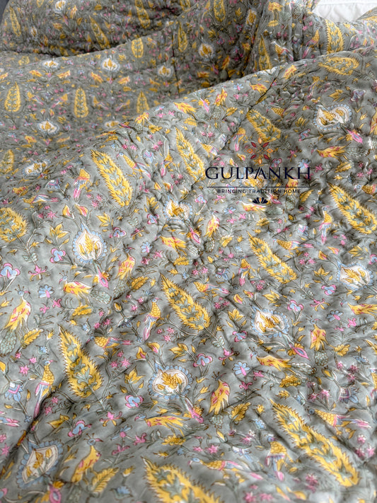 Hand Block Printed Cotton Quilt - Olive Gulzar | Gulpankh Canada