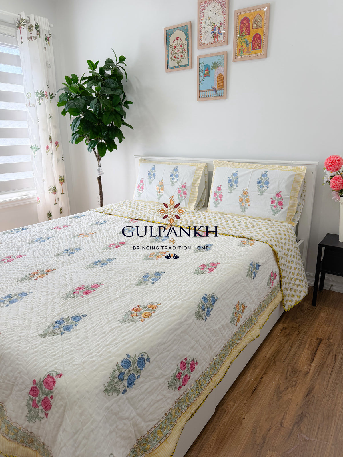 Reversible Hand Block Printed Cotton Quilt - Rangrez Gulbahar | Gulpankh Canada