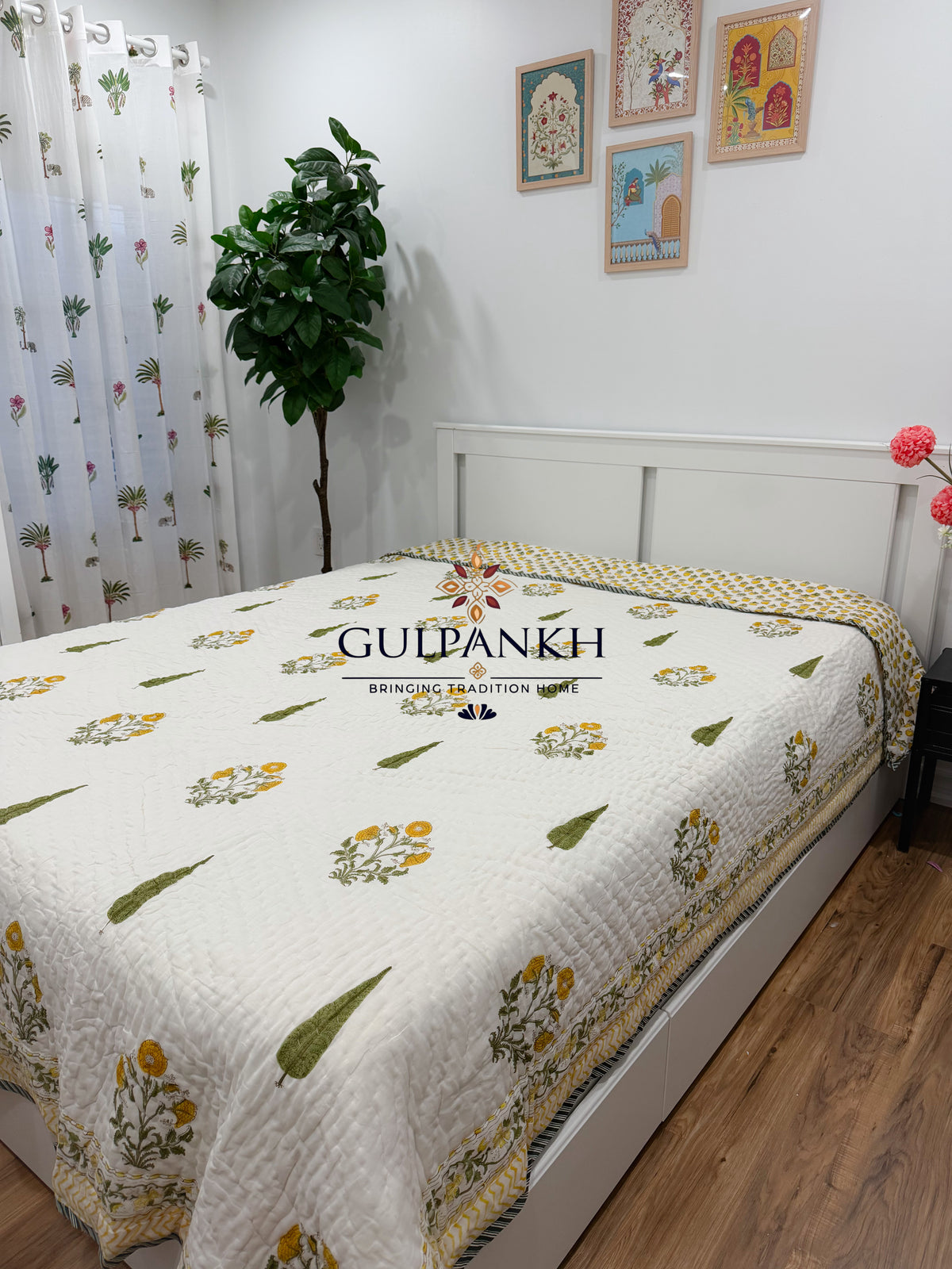 Hand Block Printed Cotton Quilt - Marigold Cypress Meadow | Gulpankh Canada