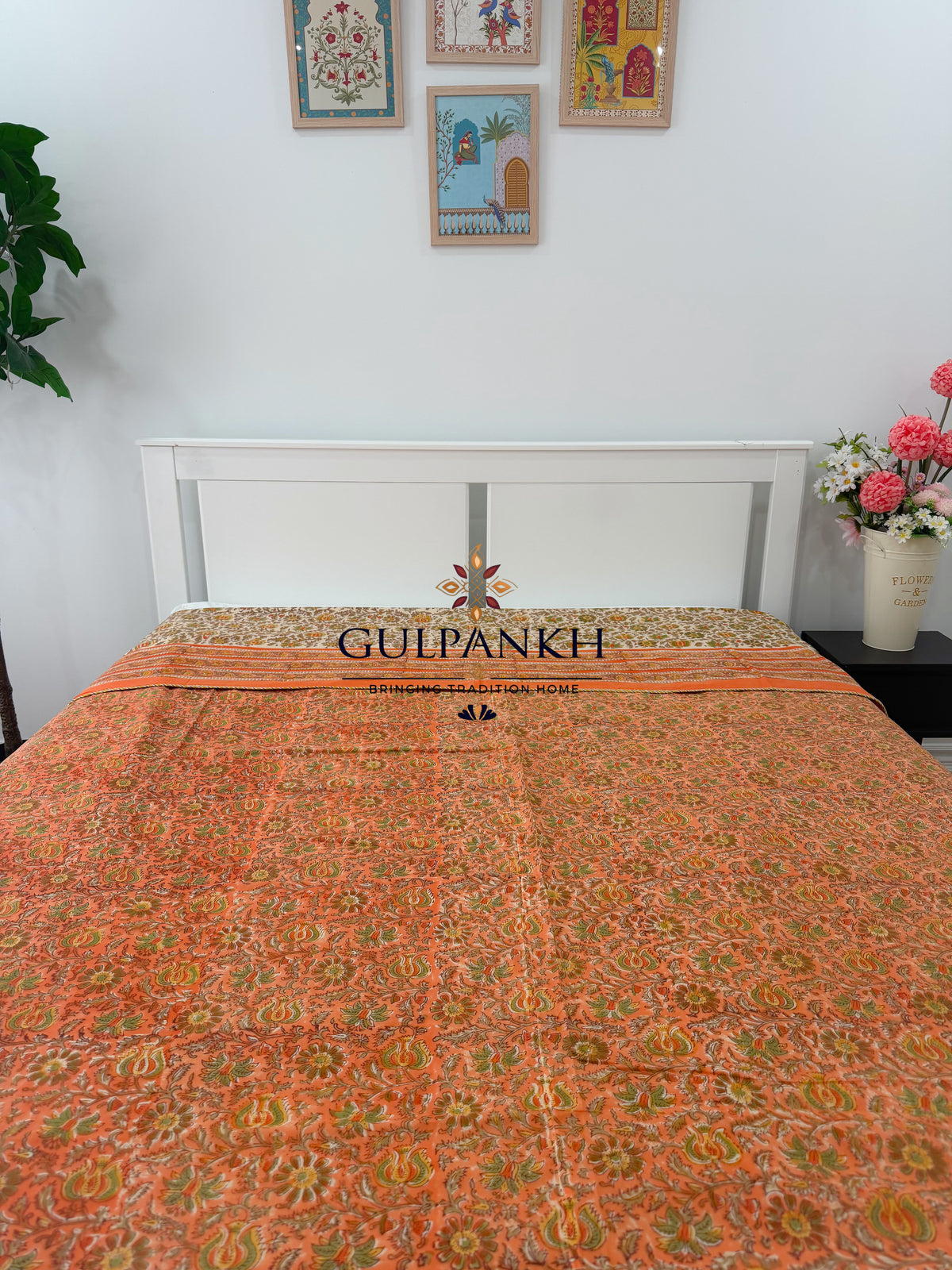 Hand Block Printed Mulmul Cotton Dohar - Coral Marigold Bloom | Gulpankh Canada