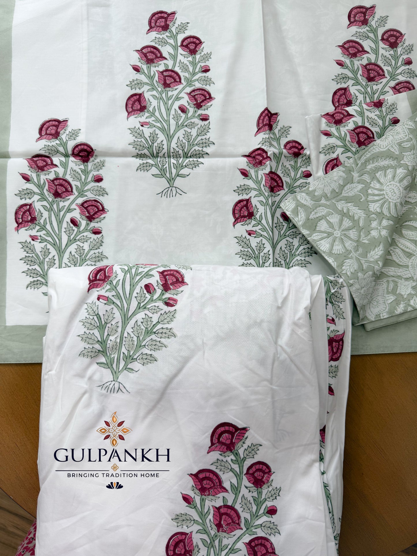 Hand Block Printed King Fitted Bedsheet - Gul Mint Aangan | Gulpankh Canada