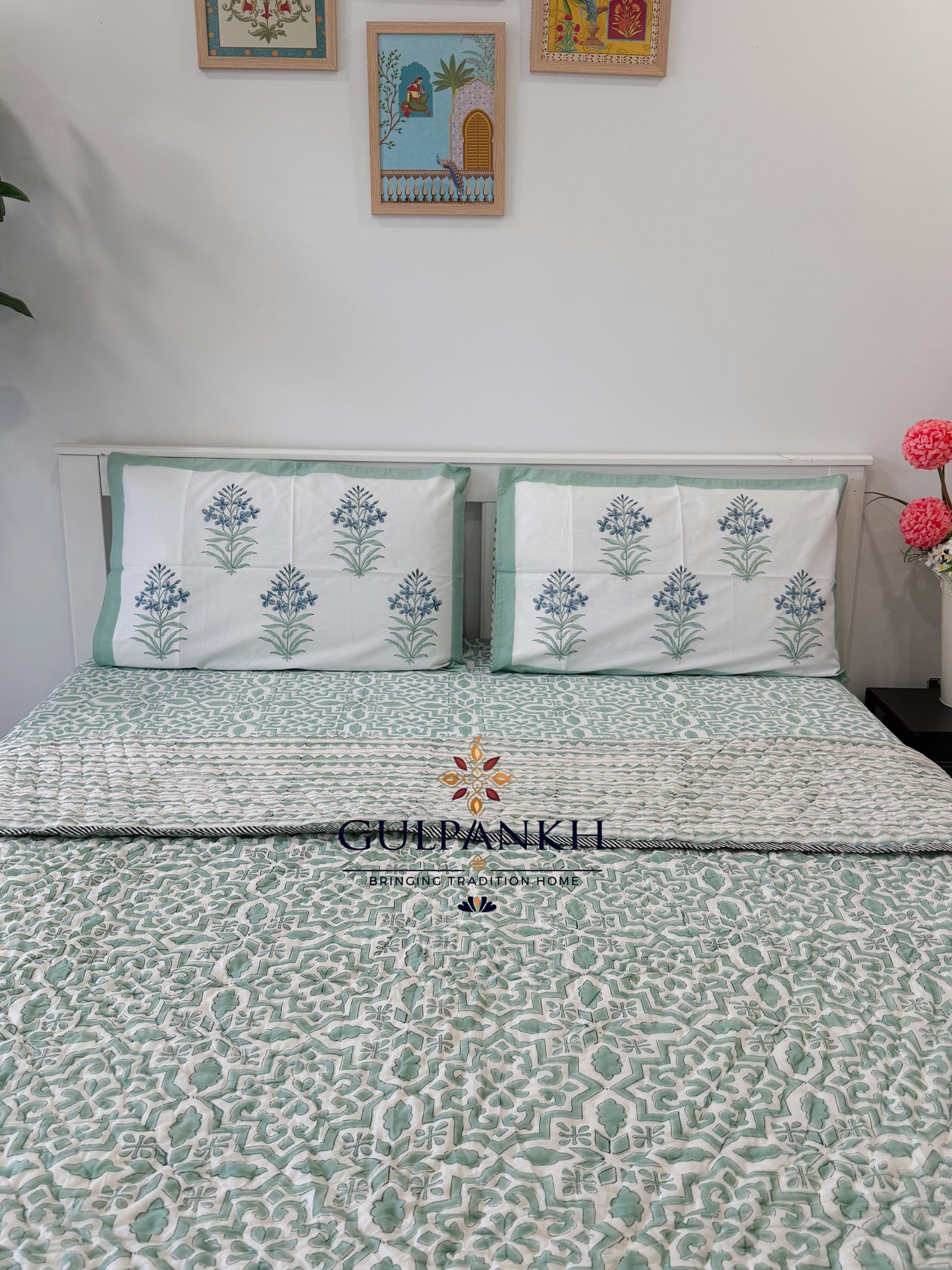 Hand Block Printed Cotton Bedding Set with Quilt - Mint Courtyard Luxe | Gulpankh Canada