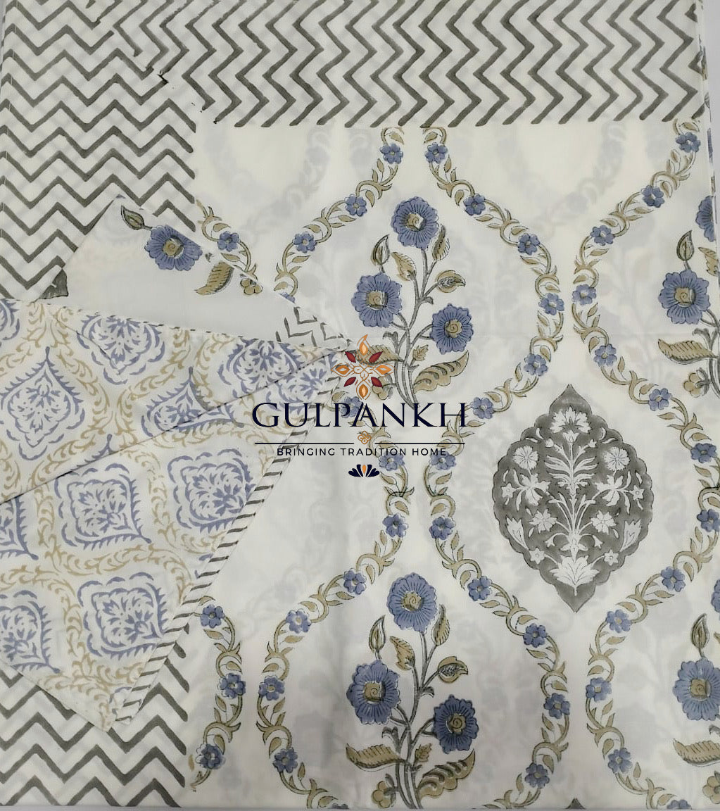Hand Block Printed 100% Cotton Queen Fitted Bedsheet – Blue Grey Mughal Vine | Gulpankh Canada