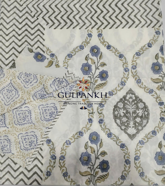 Hand Block Printed 100% Cotton Queen Fitted Bedsheet – Blue Grey Mughal Vine | Gulpankh Canada