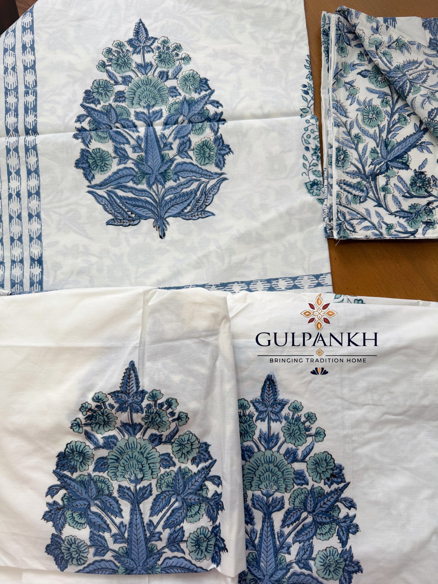 Hand Block Printed King Fitted Bedsheet - Indigo Rajbari Bloom | Gulpankh Canada