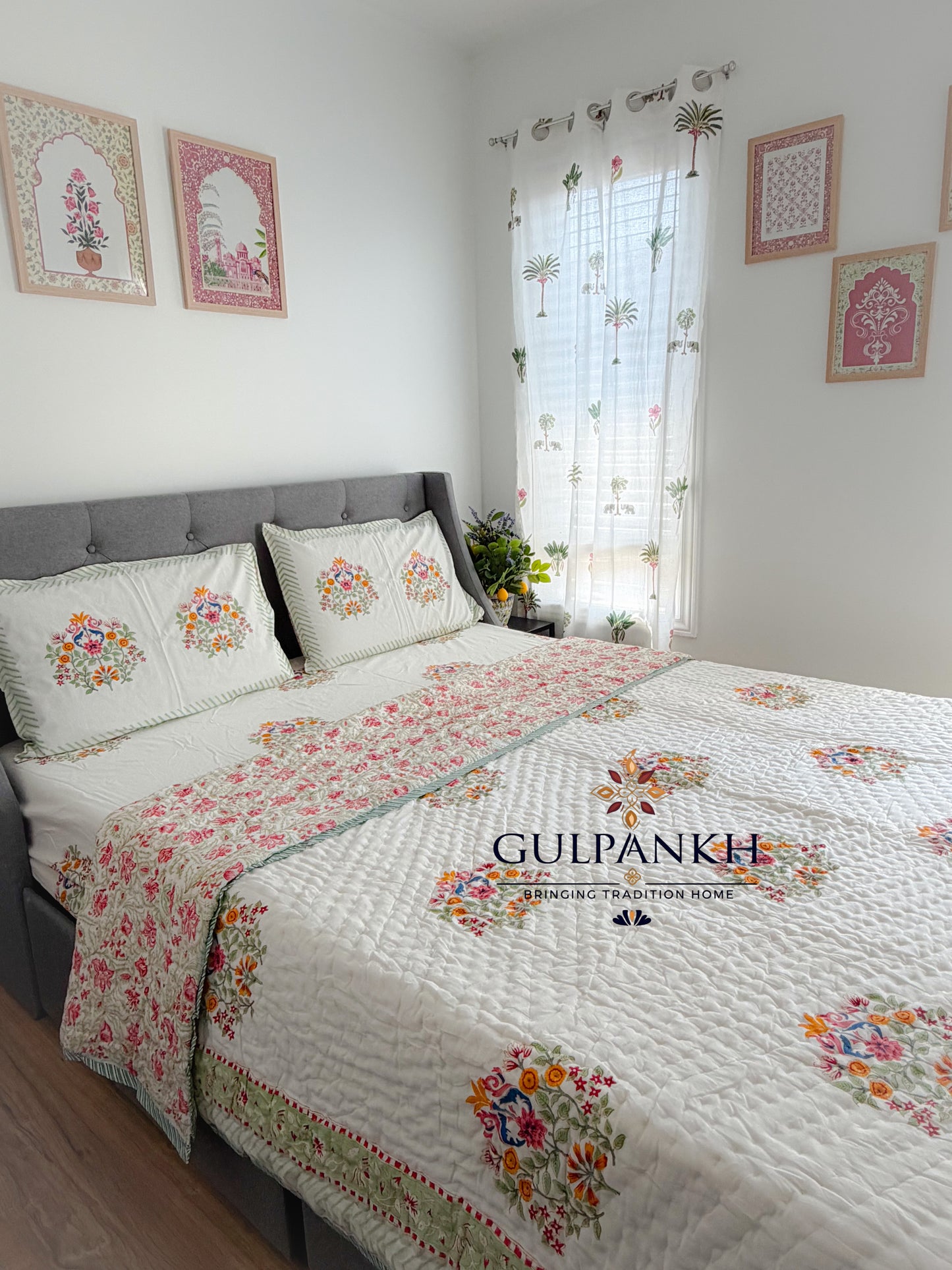 Hand Block Printed Cotton Bedding Set with Quilt - Gulbahar Blossom | Gulpankh Canada