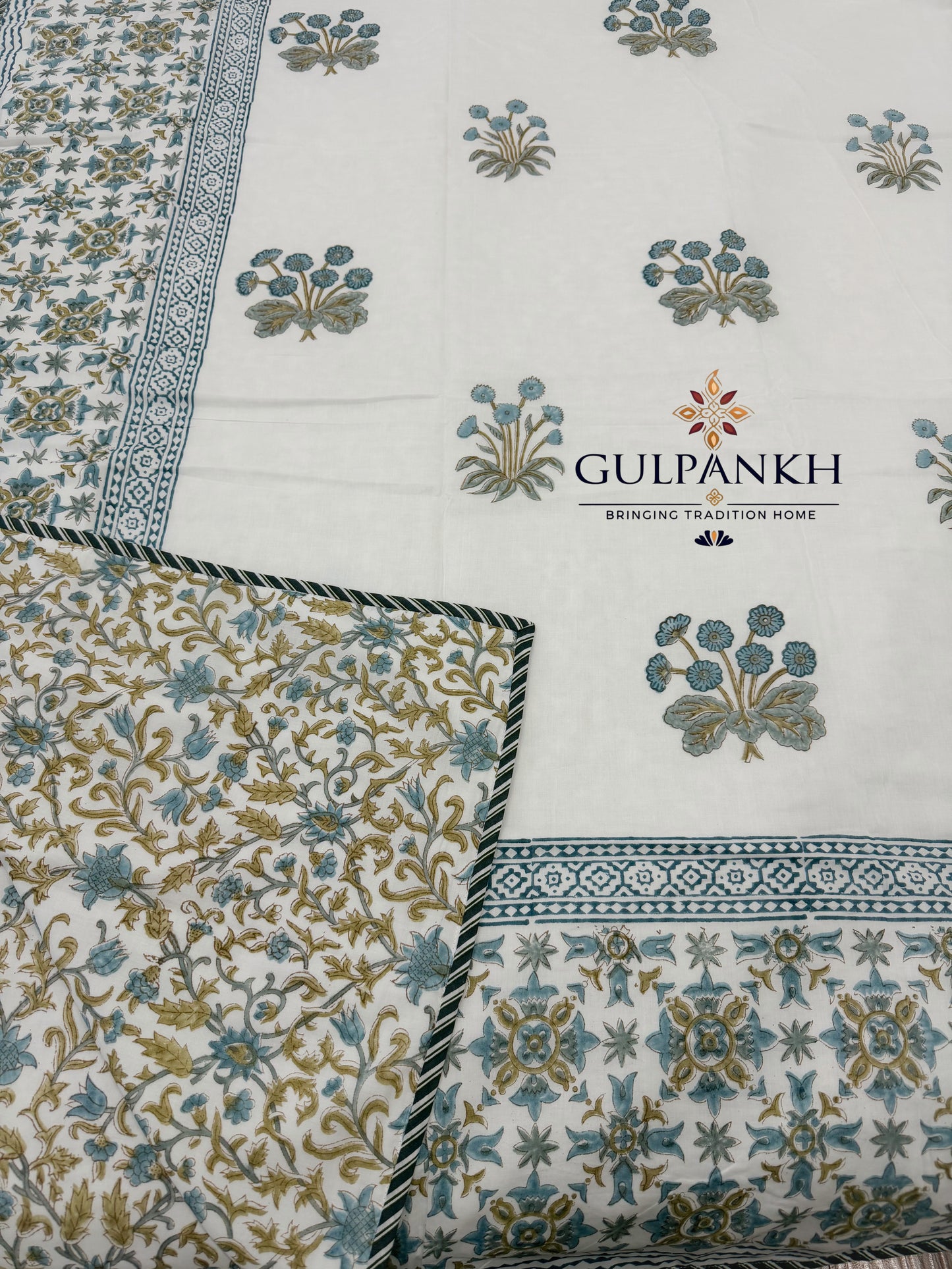 Hand Block Printed Mulmul Cotton Dohar - Azure Meadow Elegance | Gulpankh Canada
