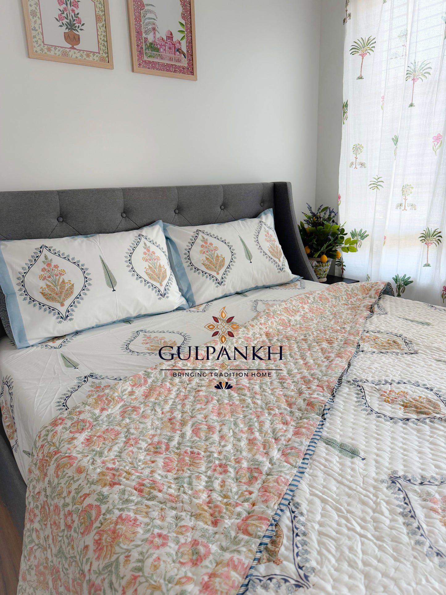 Hand Block Printed Cotton Queen Bedding Set with Quilt - Aafreen Ivory Bloom | Gulpankh Canada
