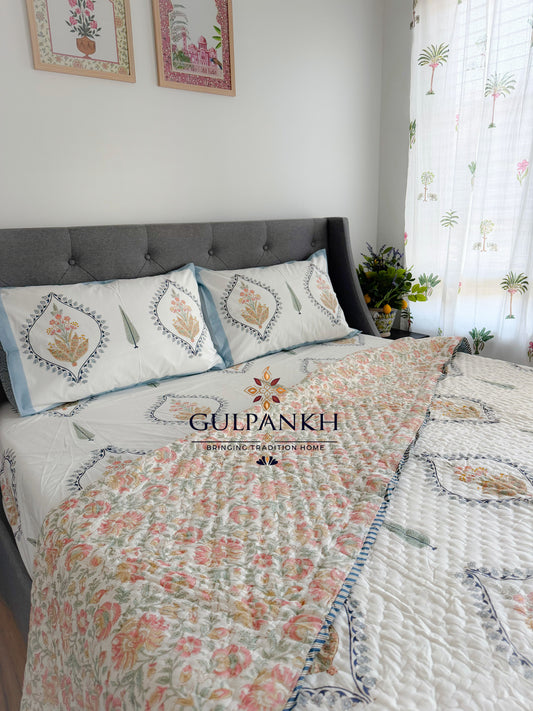 Hand Block Printed Cotton Queen Bedding Set with Quilt - Aafreen Ivory Bloom | Gulpankh Canada