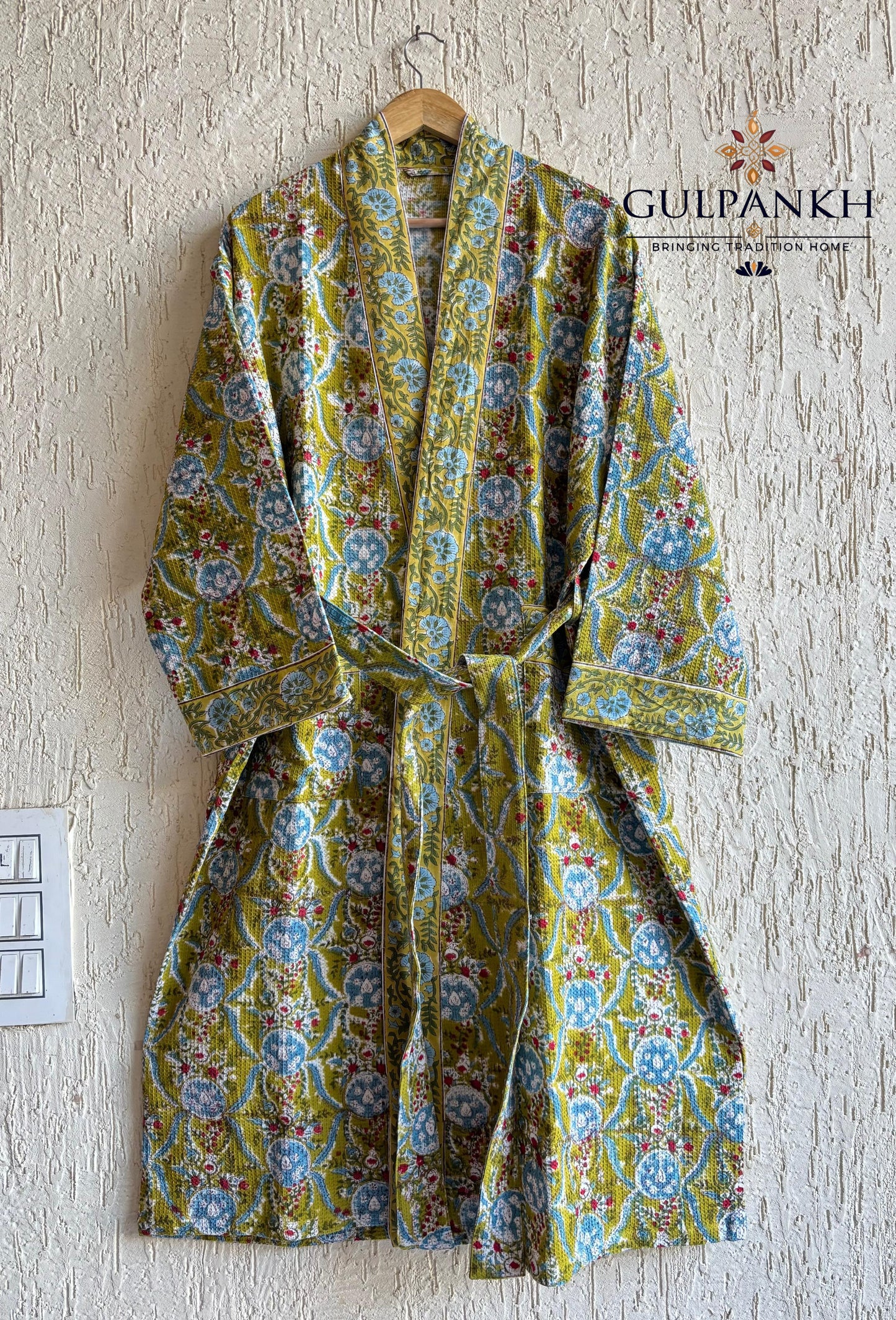 Olive Pichwai Hand Block Printed Waffle Cotton Bathrobe – Cotton Spa Robe | Gulpankh Canada