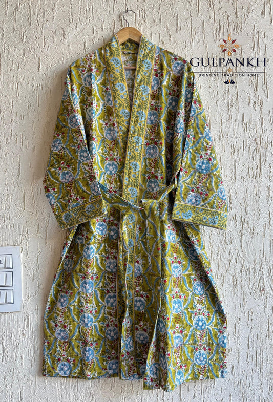 Olive Pichwai Hand Block Printed Waffle Cotton Bathrobe – Cotton Spa Robe | Gulpankh Canada
