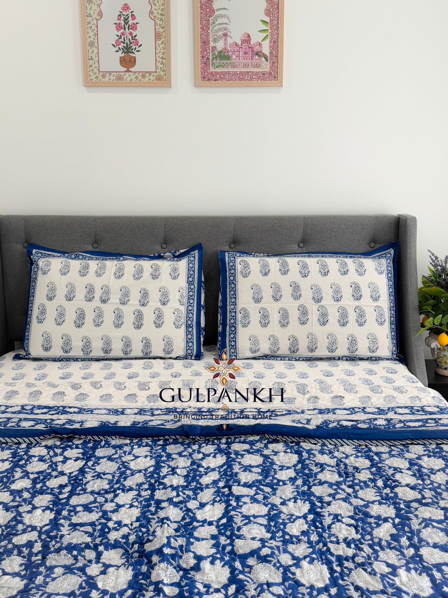 Hand Block Printed Cotton Bedding Set with Quilt - Indigo Paisley Bloom | Gulpankh Canada