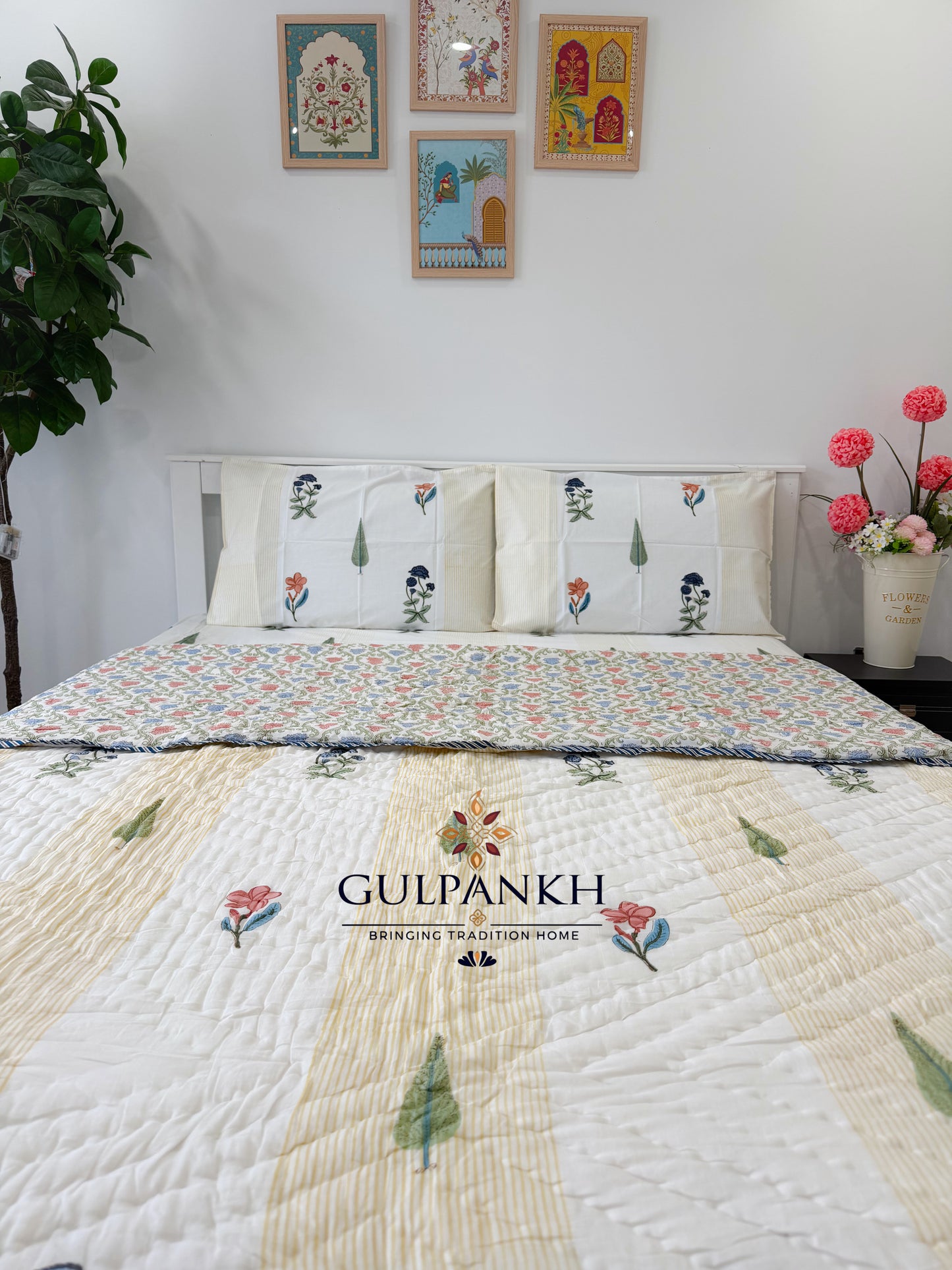 Hand Block Printed Cotton Bedding Set with Quilt - Saanjh Floral | Gulpankh Canada
