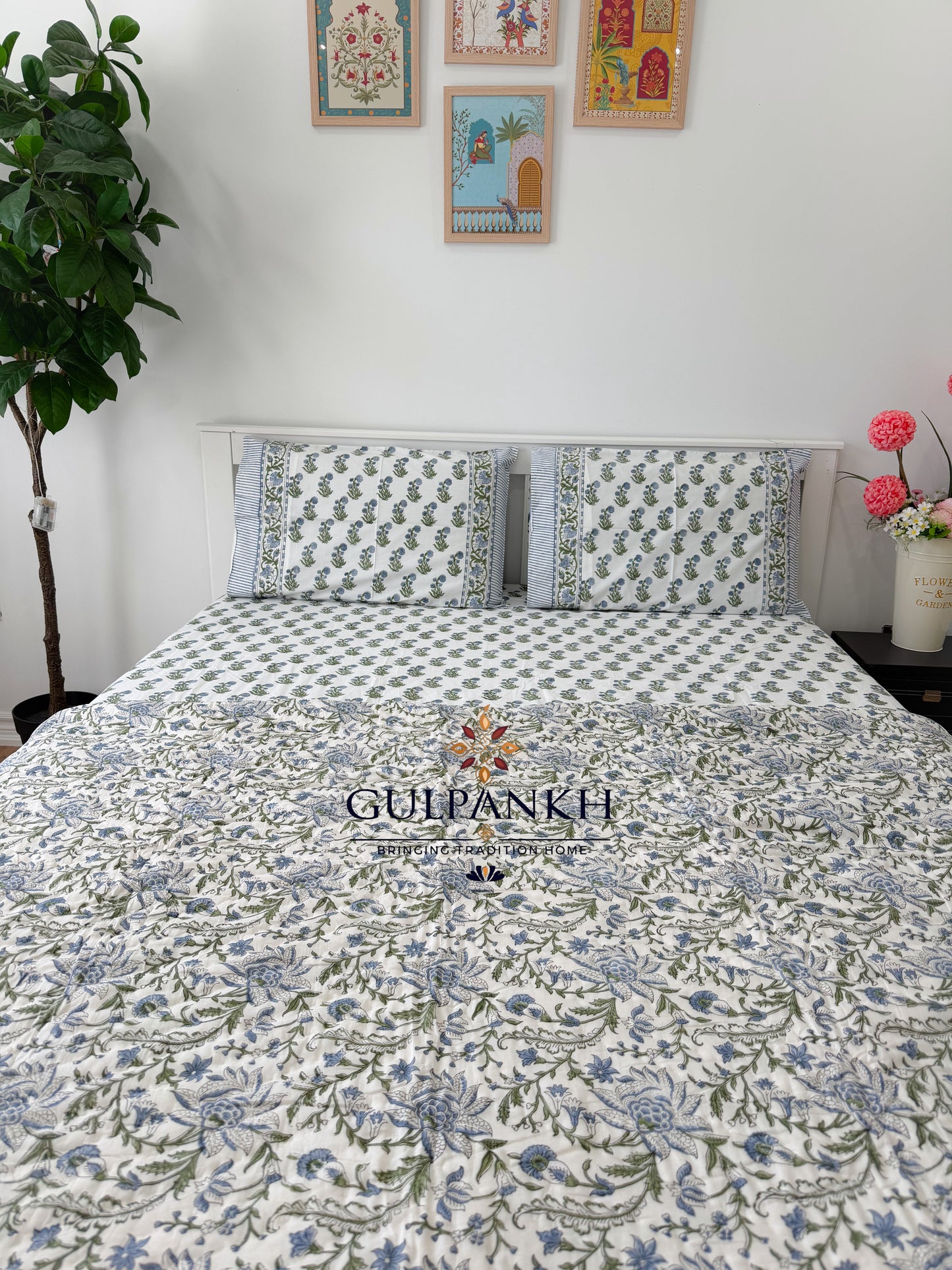 Hand Block Printed Cotton Bedding Set with Quilt - Indigo Meadow Luxe | Gulpankh Canada