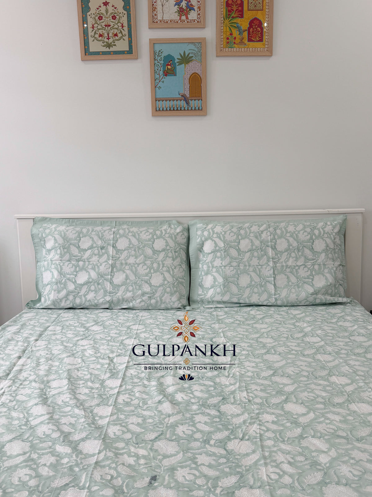 Hand Block Printed King Fitted Bedsheet - Mint Courtyard | Gulpankh Canada