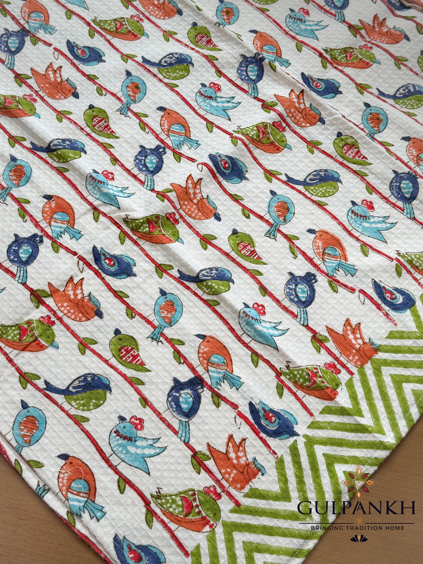 Garden of Birds Hand Block Printed Waffle Cotton Towel | Gulpankh Canada