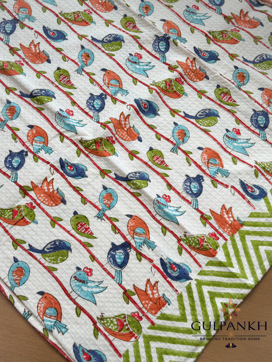 Garden of Birds Hand Block Printed Waffle Cotton Towel | Gulpankh Canada
