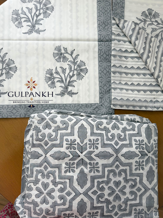 Hand Block Printed King Fitted Bedsheet - Ivory Slate Geometry | Gulpankh Canada