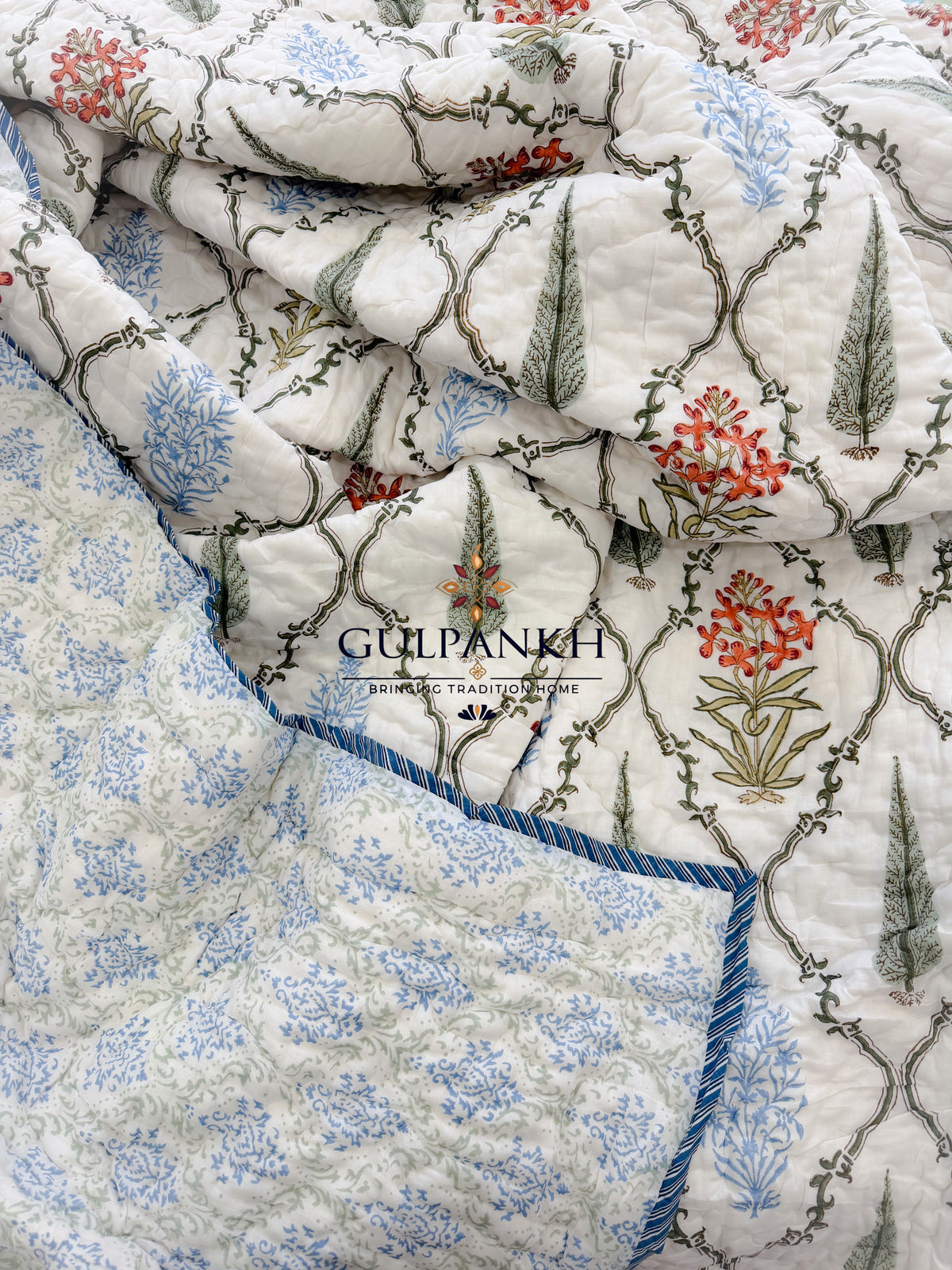 Hand Block Printed Cotton Quilt - Gulistan Courtyard | Gulpankh Canada