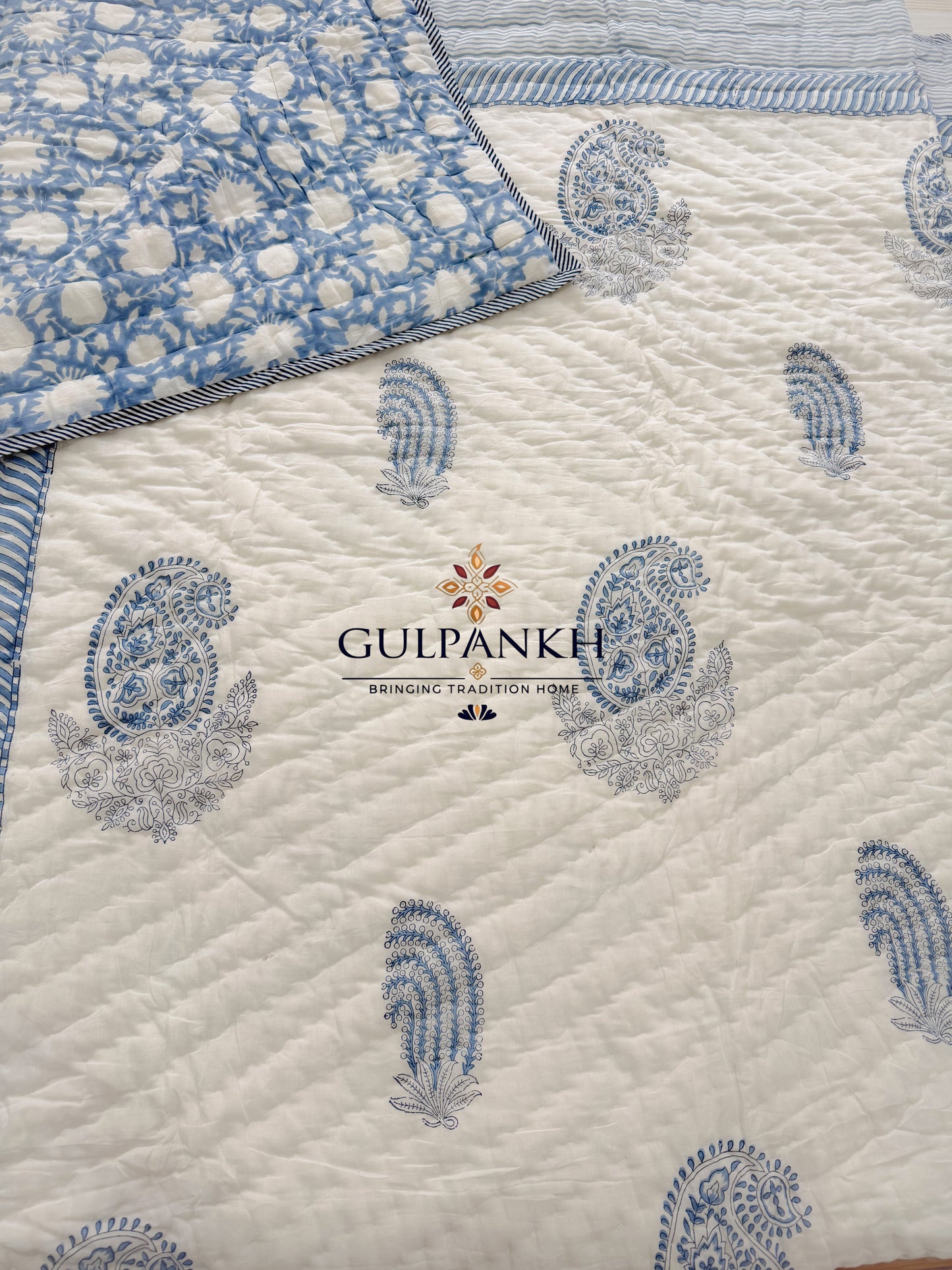 Hand Block Printed Cotton Quilt - Indigo Saaz | Gulpankh Canada