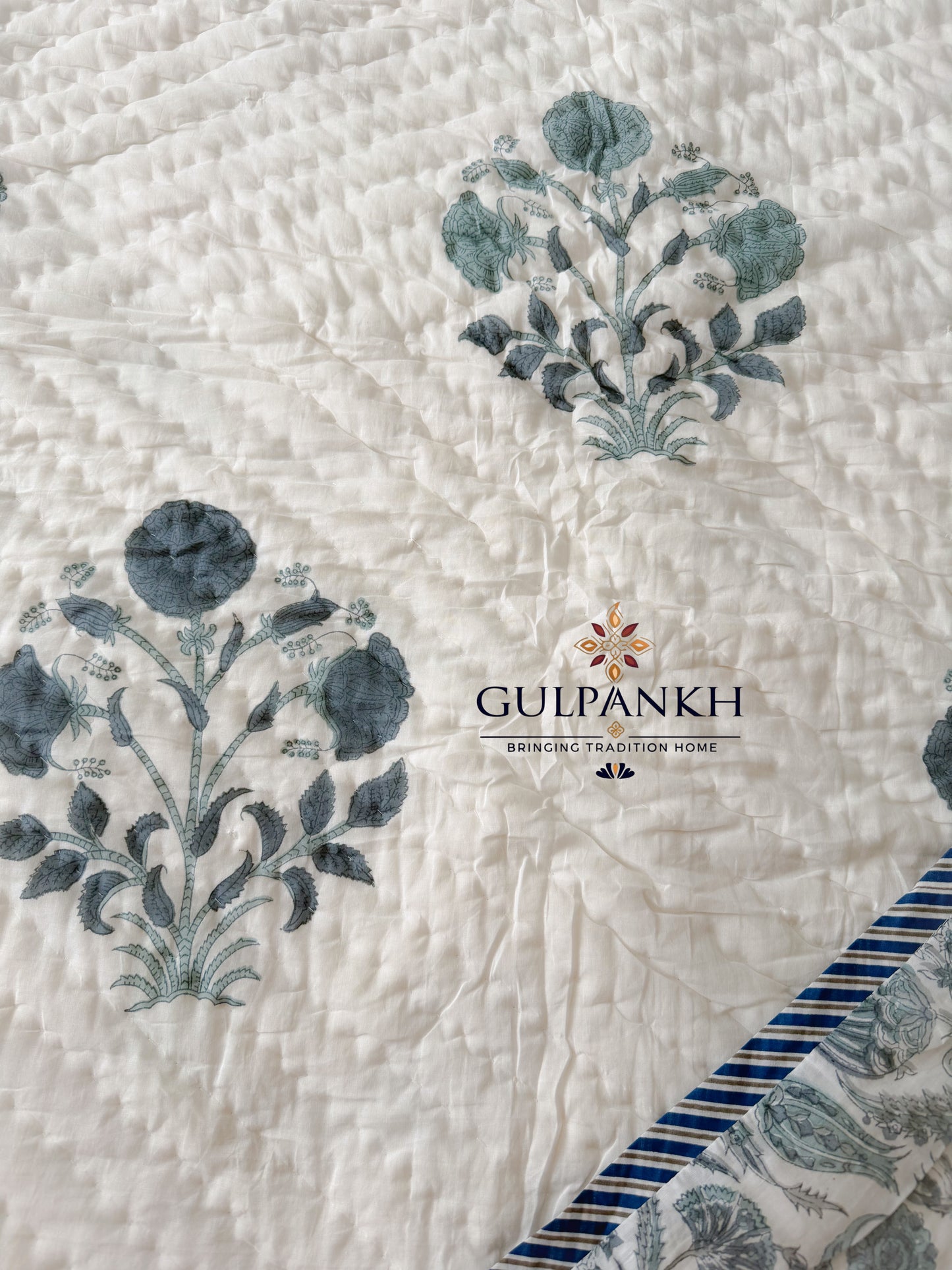 Hand Block Printed Cotton Quilt - Noor-e-Neel | Gulpankh Canada