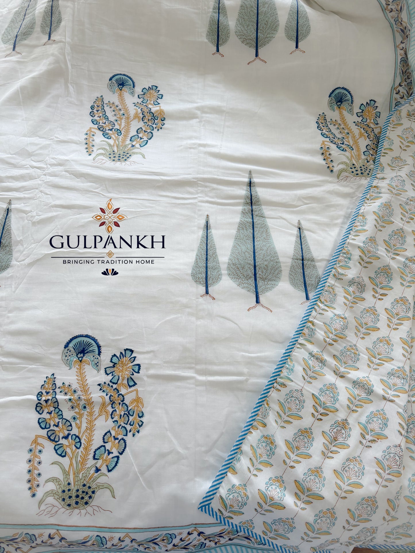Hand Block Printed Mulmul Cotton Dohar - Neel Vriksha Blossom| Gulpankh Canada