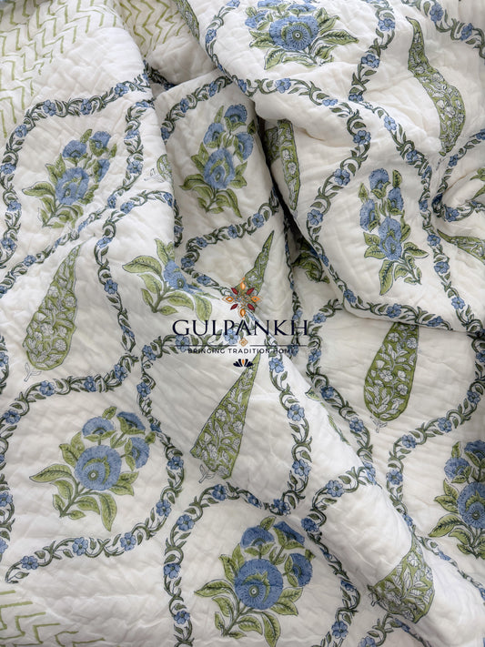 Hand Block Printed Cotton Quilt - Neel Vatika | Gulpankh Canada