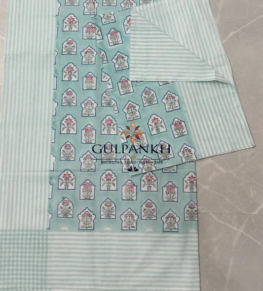 Hand Block Printed 100% Cotton Queen Fitted Bedsheet – Aqua Floral Arch | Gulpankh Canada