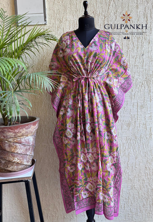 Hand Block Printed Cotton Kaftan – Pink Magnolia Bloom | Gulpankh Canada