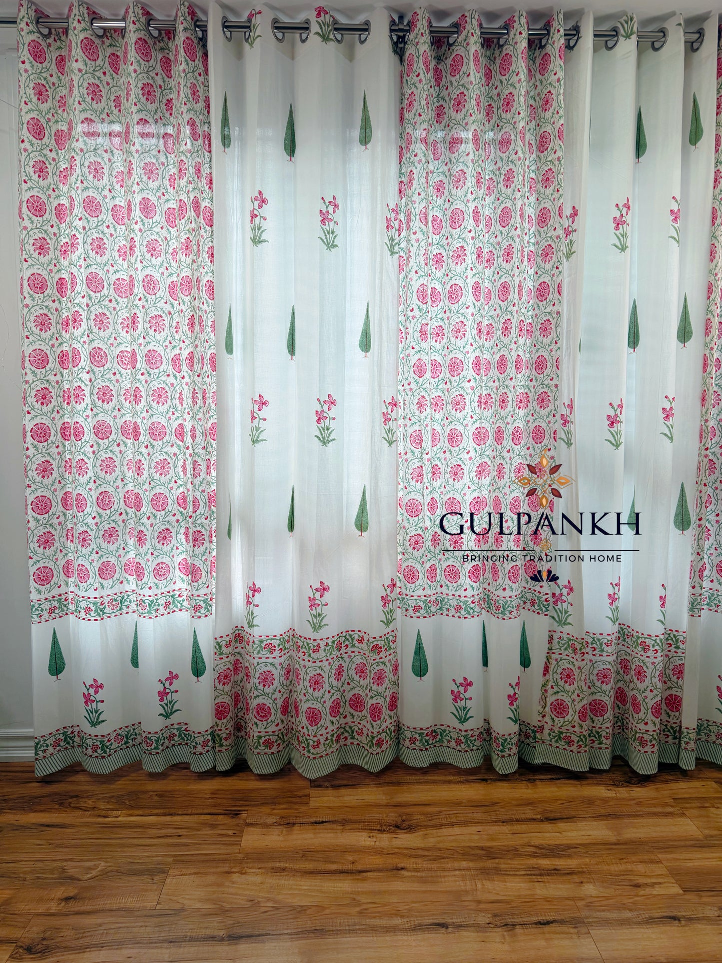 Hand Block Printed Cotton Curtains - Gul Cypress Bloom | Gulpankh Canada