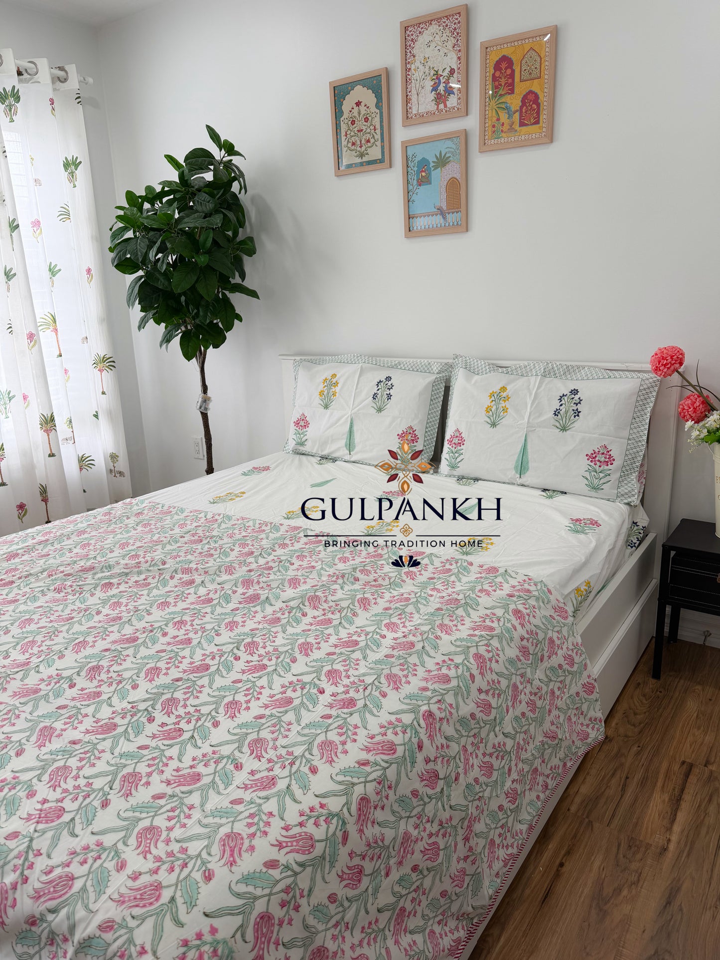 Hand Block Printed Cotton King Fitted Bedsheet with Matching Dohar - Blush Garden | Gulpankh Canada