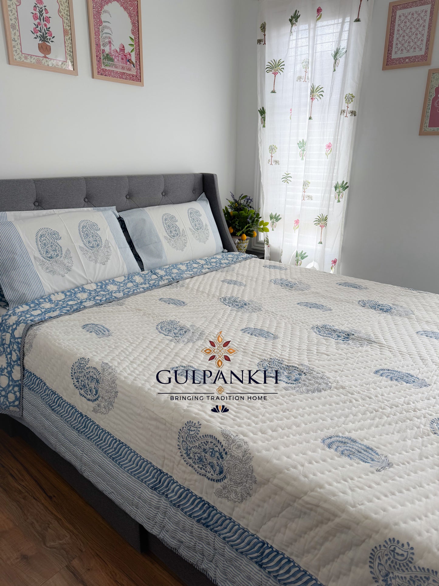 Hand Block Printed Cotton Quilt - Indigo Saaz | Gulpankh Canada