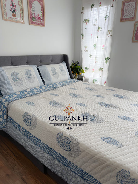 Hand Block Printed Cotton Quilt - Indigo Saaz | Gulpankh Canada