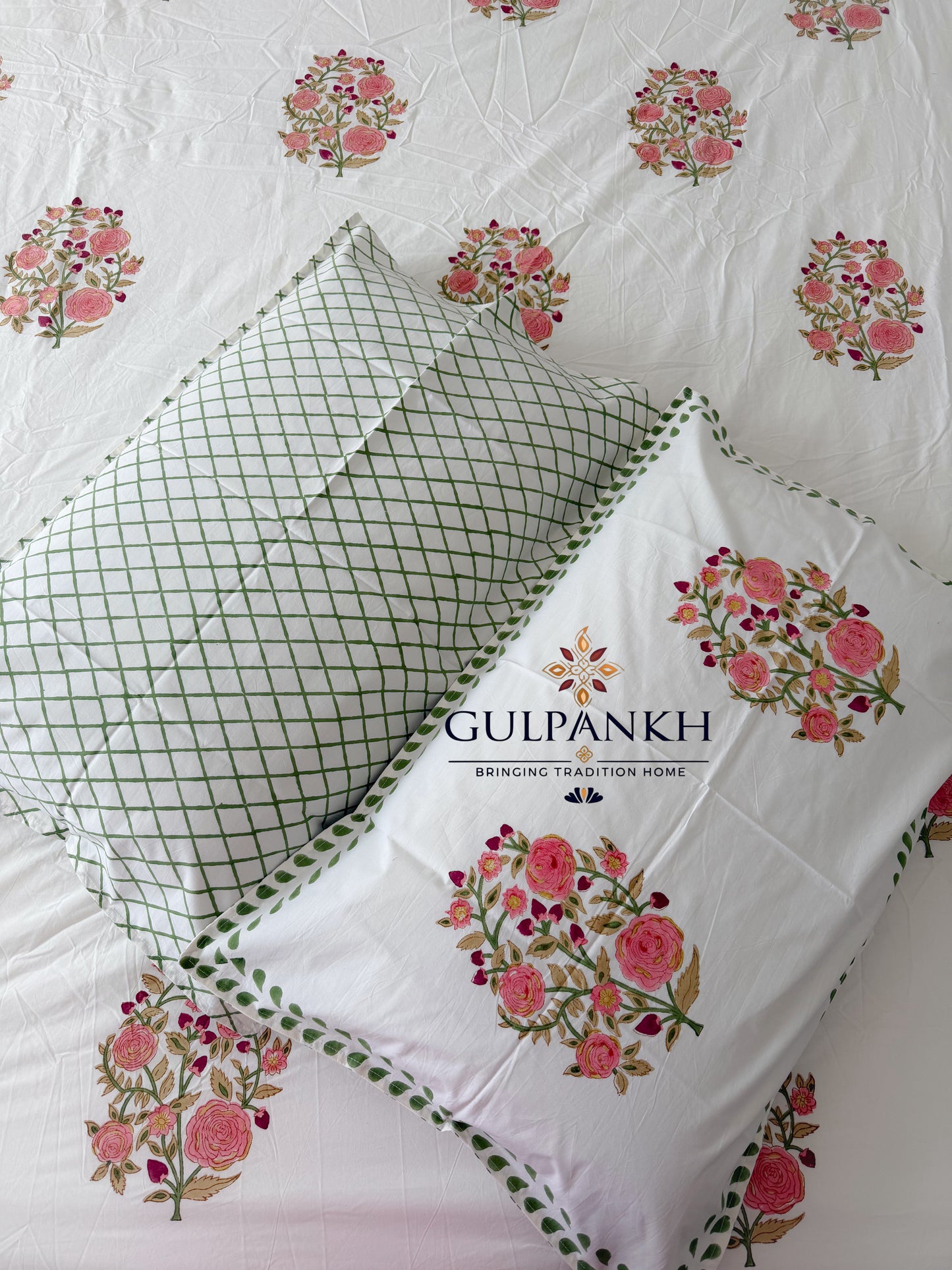 Hand Block Printed Cotton King Fitted Bedsheet with Matching Dohar - Rosewood Bloom | Gulpankh Canada