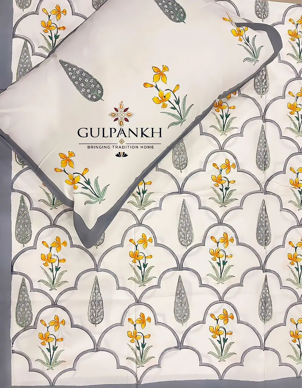 Hand Block Printed Queen Fitted Bedsheet - Kesari Courtyard | Gulpankh Canada