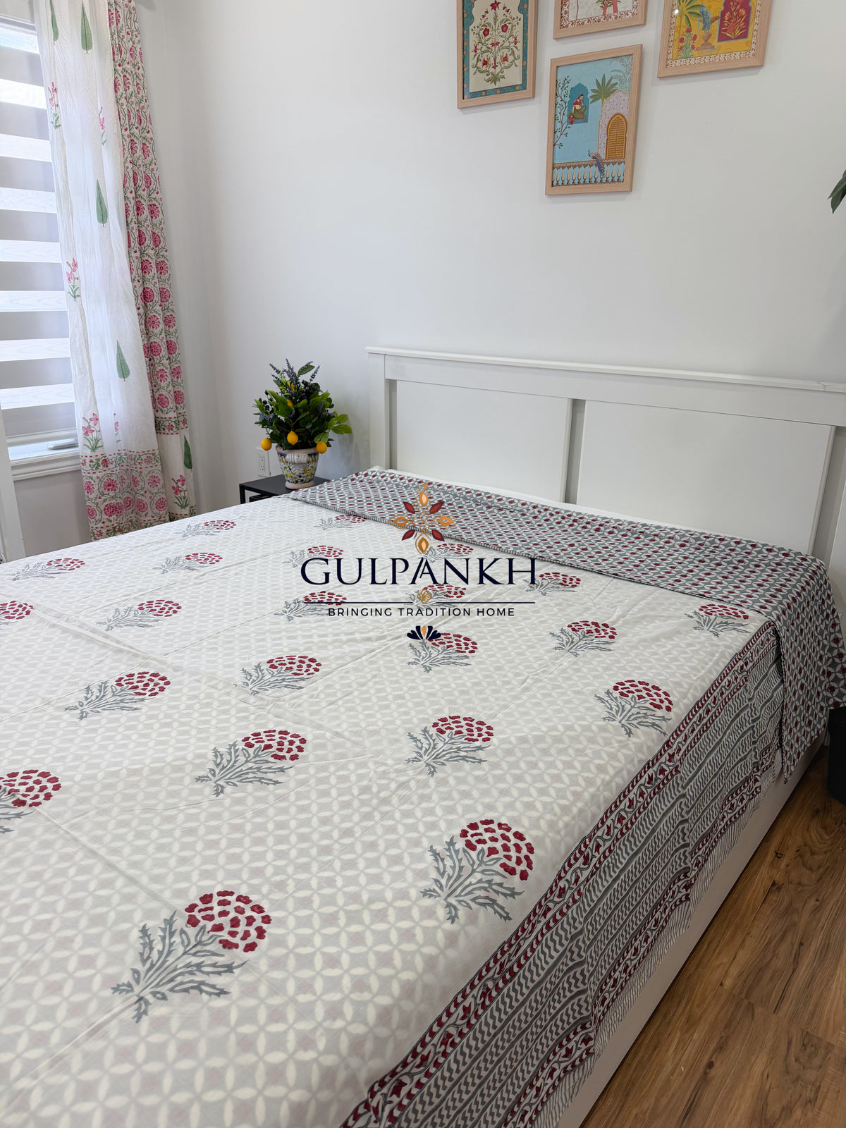 Hand Block Printed King Duvet Cover –  Surkh Gul | Gulpankh Canada