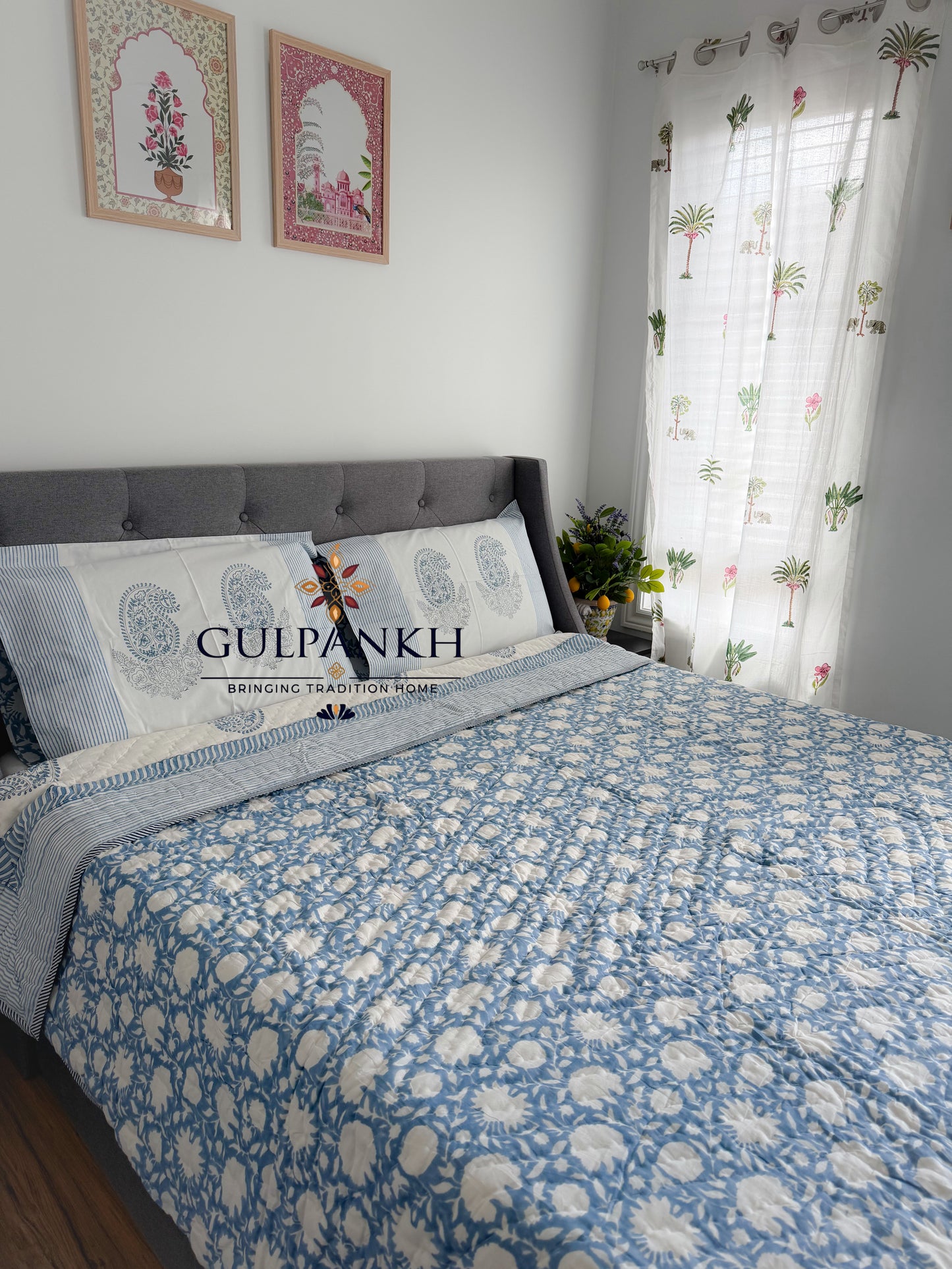Hand Block Printed Cotton Quilt - Indigo Saaz | Gulpankh Canada