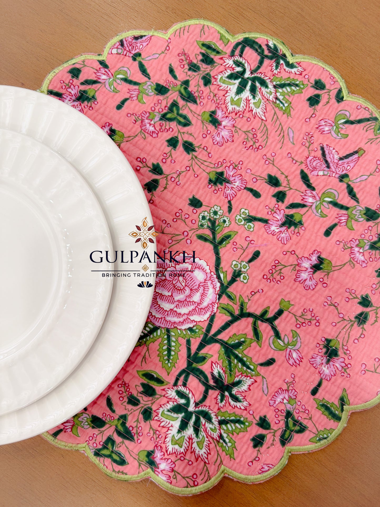 Hand Block Printed Quilted Scalloped Cotton Reversible Placemats - Blush Garden | Gulpankh Canada
