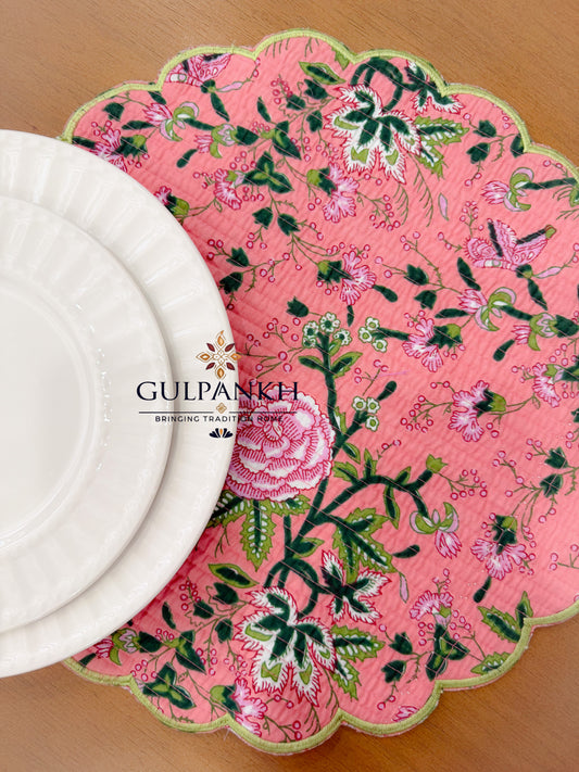 Hand Block Printed Quilted Scalloped Cotton Reversible Placemats - Blush Garden | Gulpankh Canada
