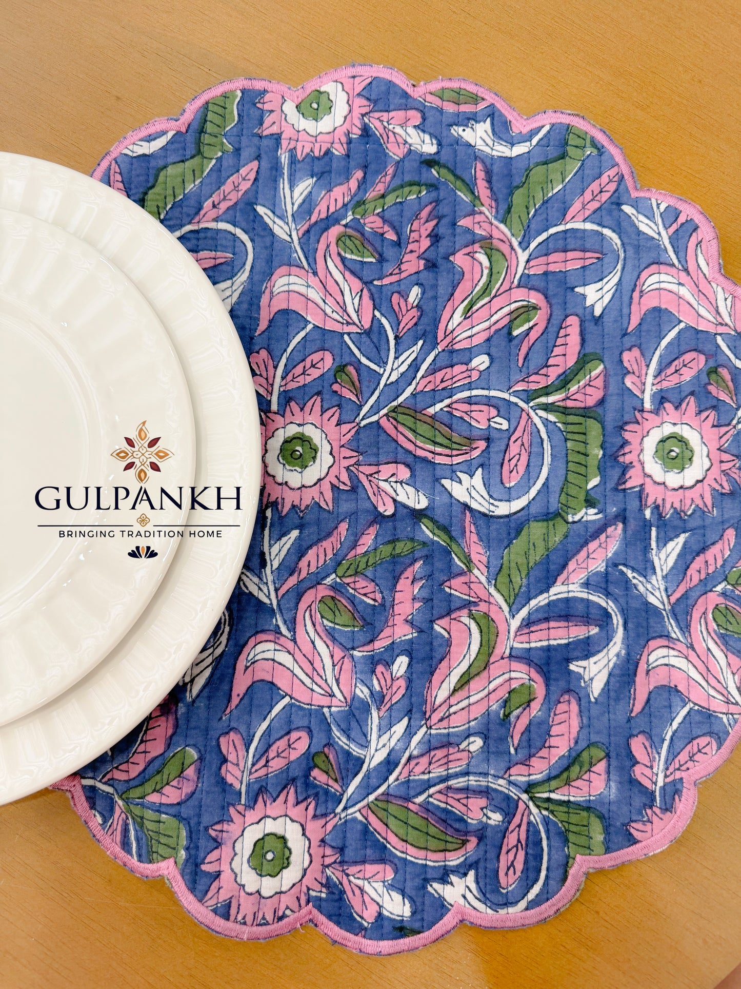 Hand Block Printed Quilted Scalloped Cotton Reversible Placemats - Midnight Petal | Gulpankh Canada